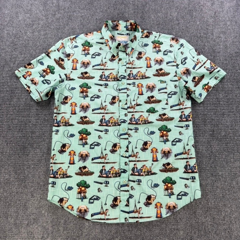 RSVLTS The Sandlot KUNUFLEX Shirt Mens Large Green Short Sleeve Button Down